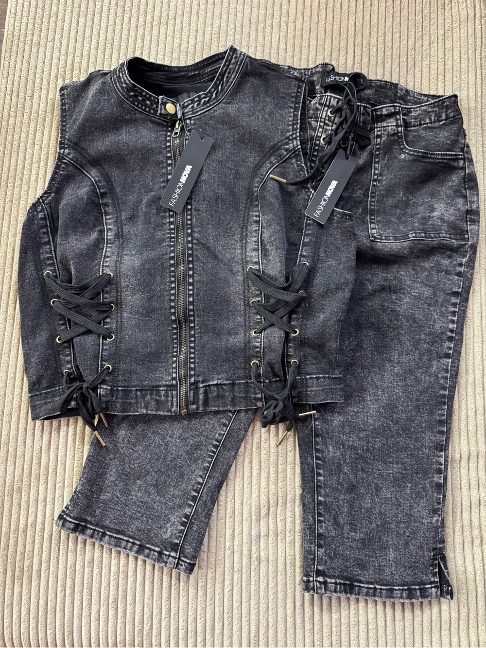 Fashion Nova Leveled Up Lace Up Denim Set Black Wash NWT